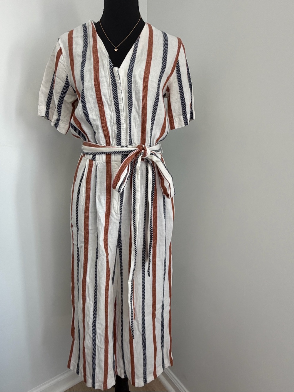 Trovata Birds of Paradis Bella Jumpsuit Size 2 Linen Blend Striped Belted